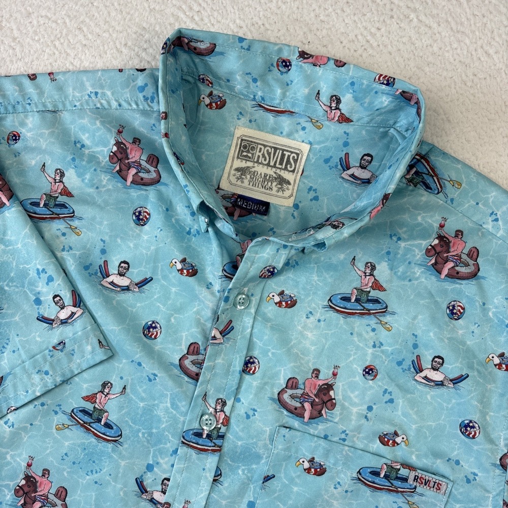 RSVLTS 'Presidential Pool Party' Shirt Mens Medium Short Sleeve Button Down Flex